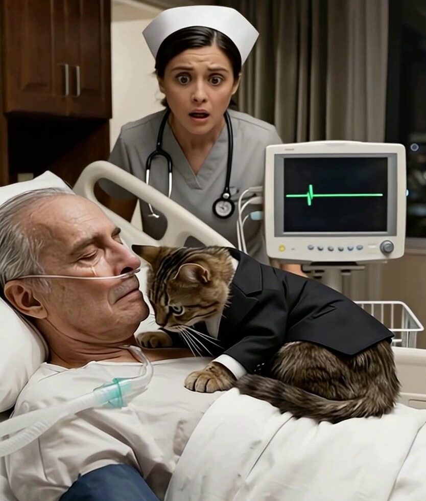 Chat posant délicatement sa patte sur la main d'un patient alité