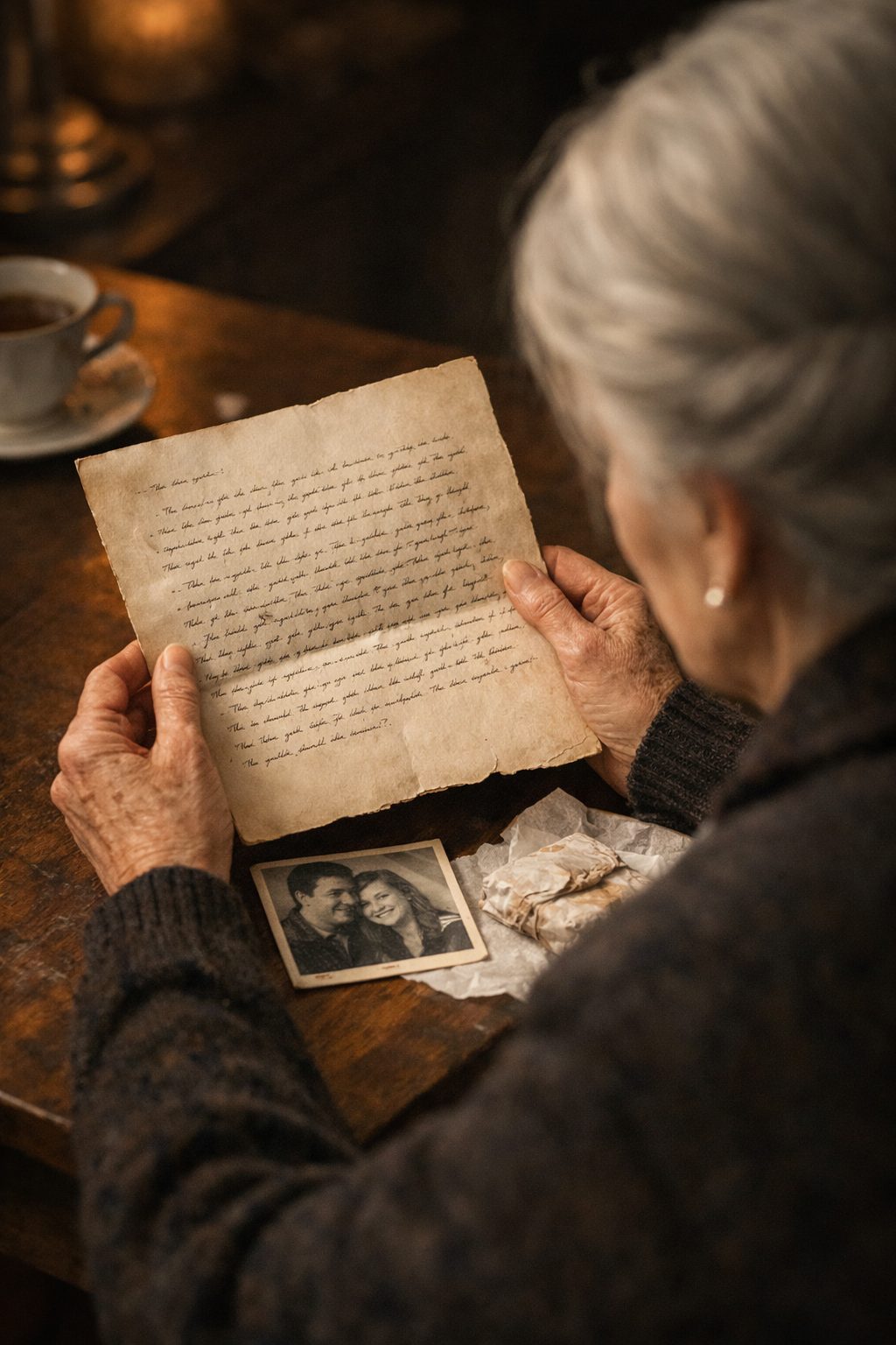 Mains âgées et soignées tenant une lettre jaunie et une bague fine, sur une table en bois