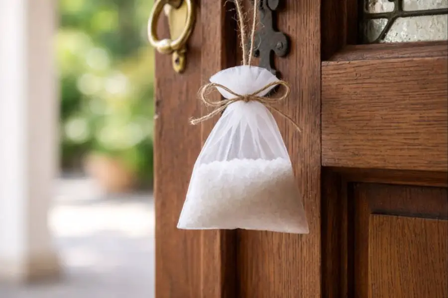 Porte d'entrée moderne avec un petit sachet en tissu suspendu à la poignée