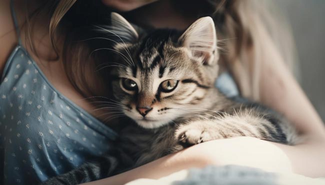 Personne et chat se blottissant l'un contre l'autre pour dormir