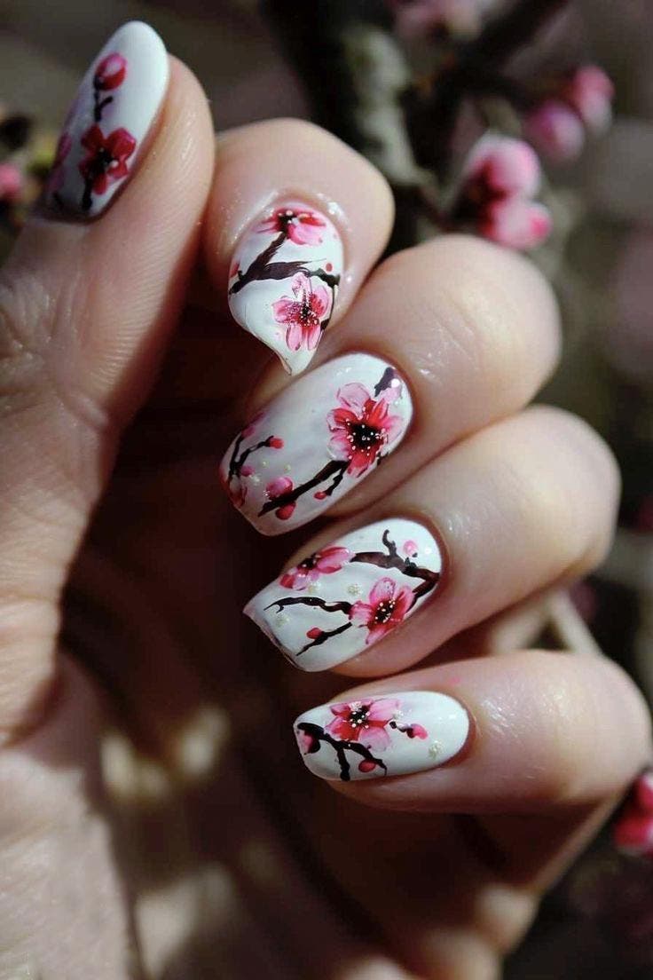 Ongles avec motifs de fleurs et base blanche