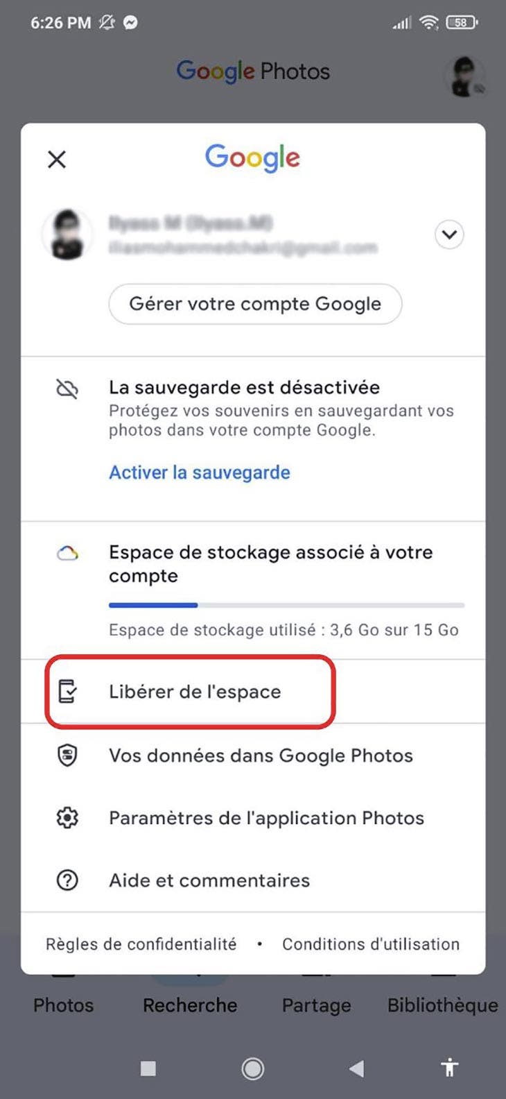 Onglet « libérer espace » sur google 