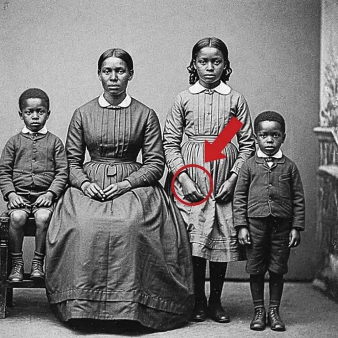 Photographie ancienne d'une famille posant, avec un détail intrigant sur la main d'une jeune fille