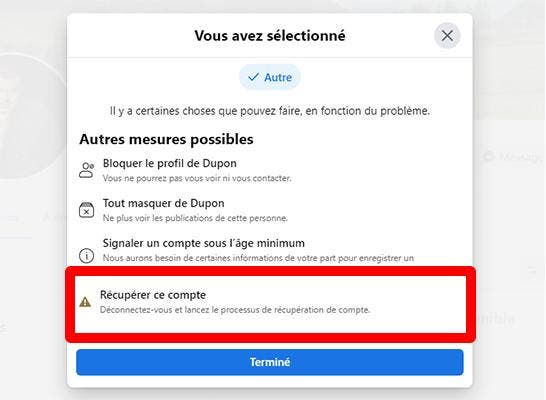 Procédure de récupération de compte facebook