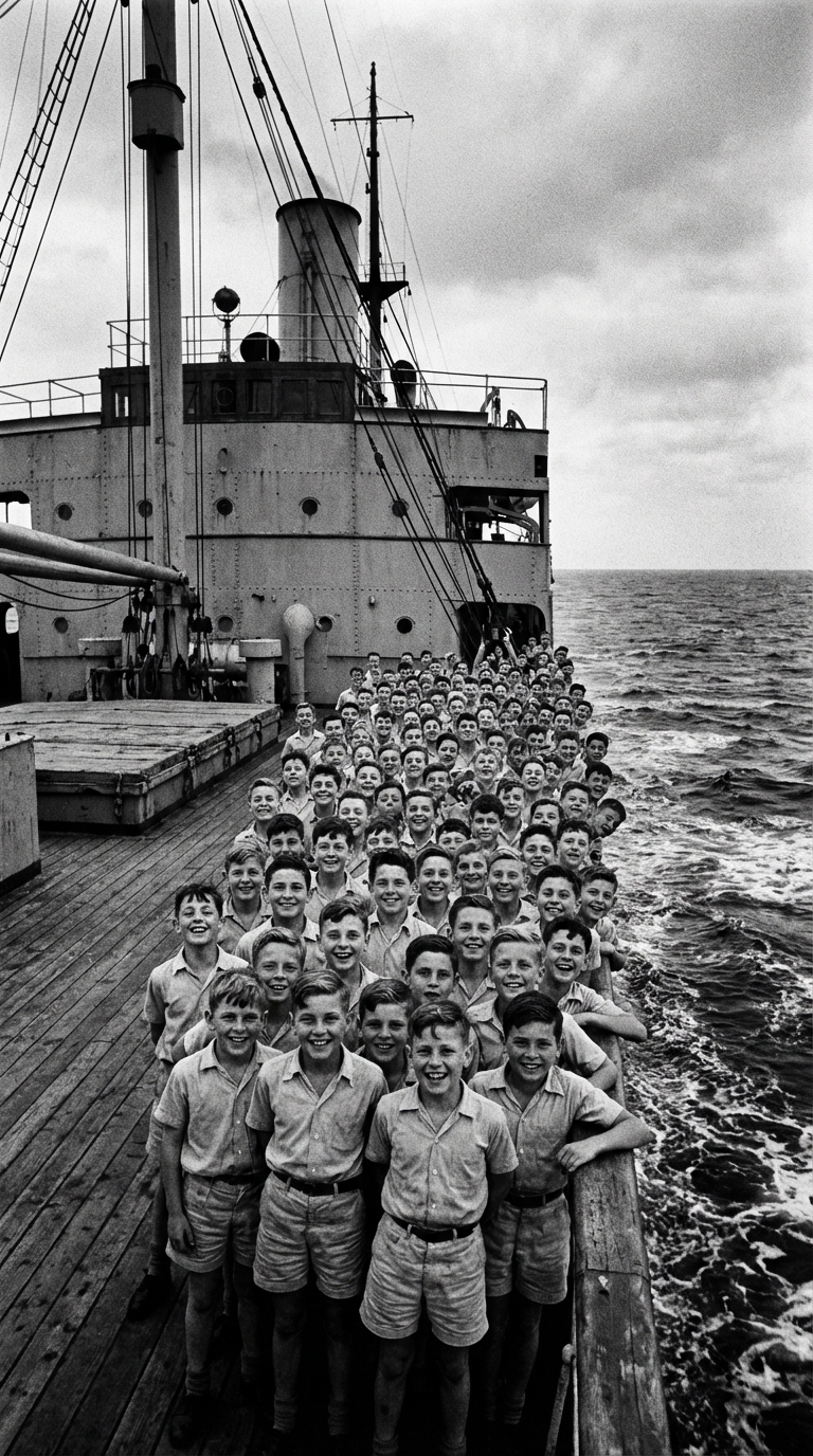 Photographie d'archive en noir et blanc évoquant des enfants en voyage durant les années 1940