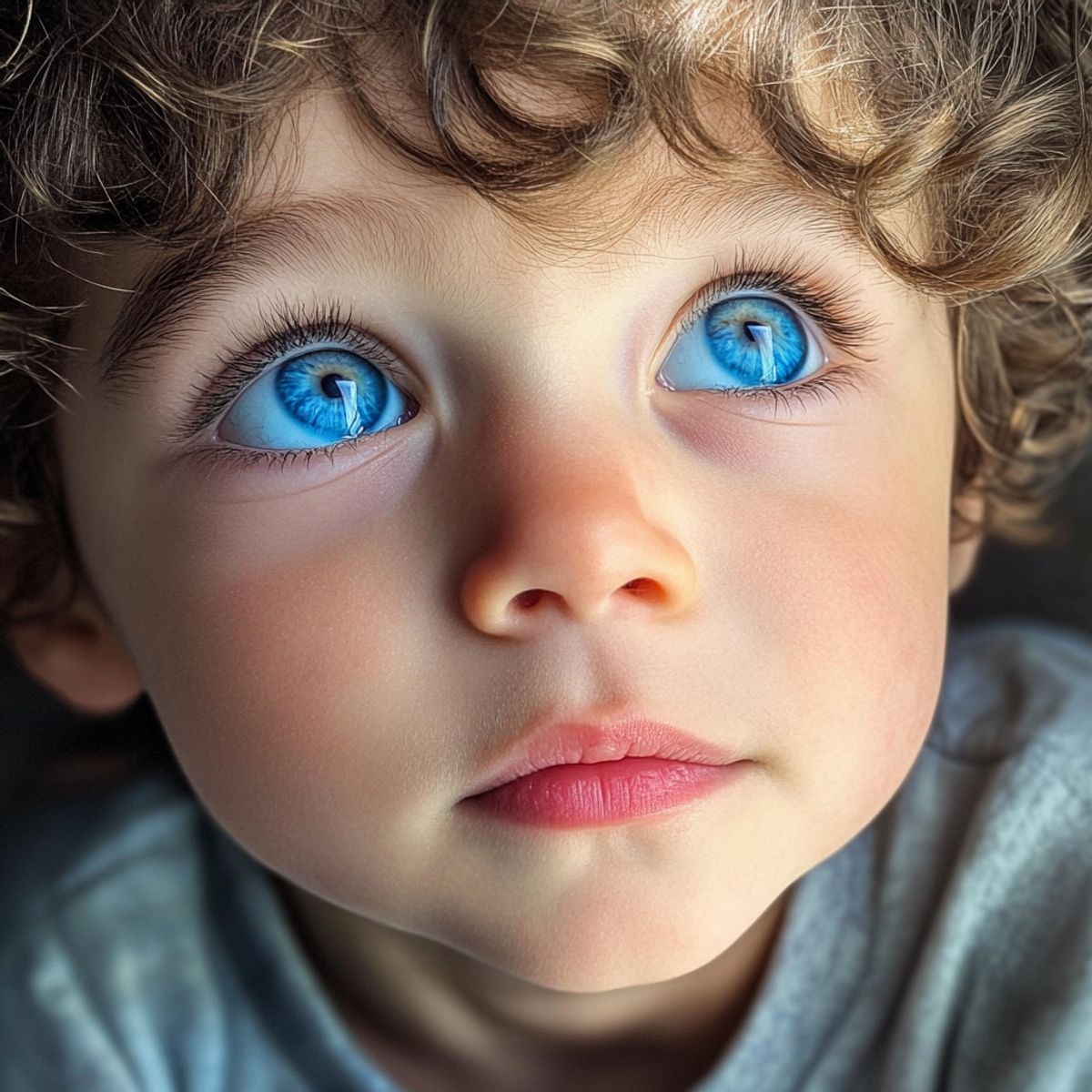 Portrait de Léo, un petit garçon aux yeux bleus pétillants, peu de temps après son arrivée dans son nouveau foyer.