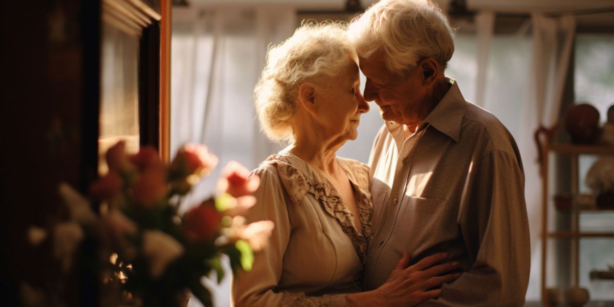 Une femme âgée et un homme âgé se tenant la main et souriant, évoquant une histoire d'amour tardive.