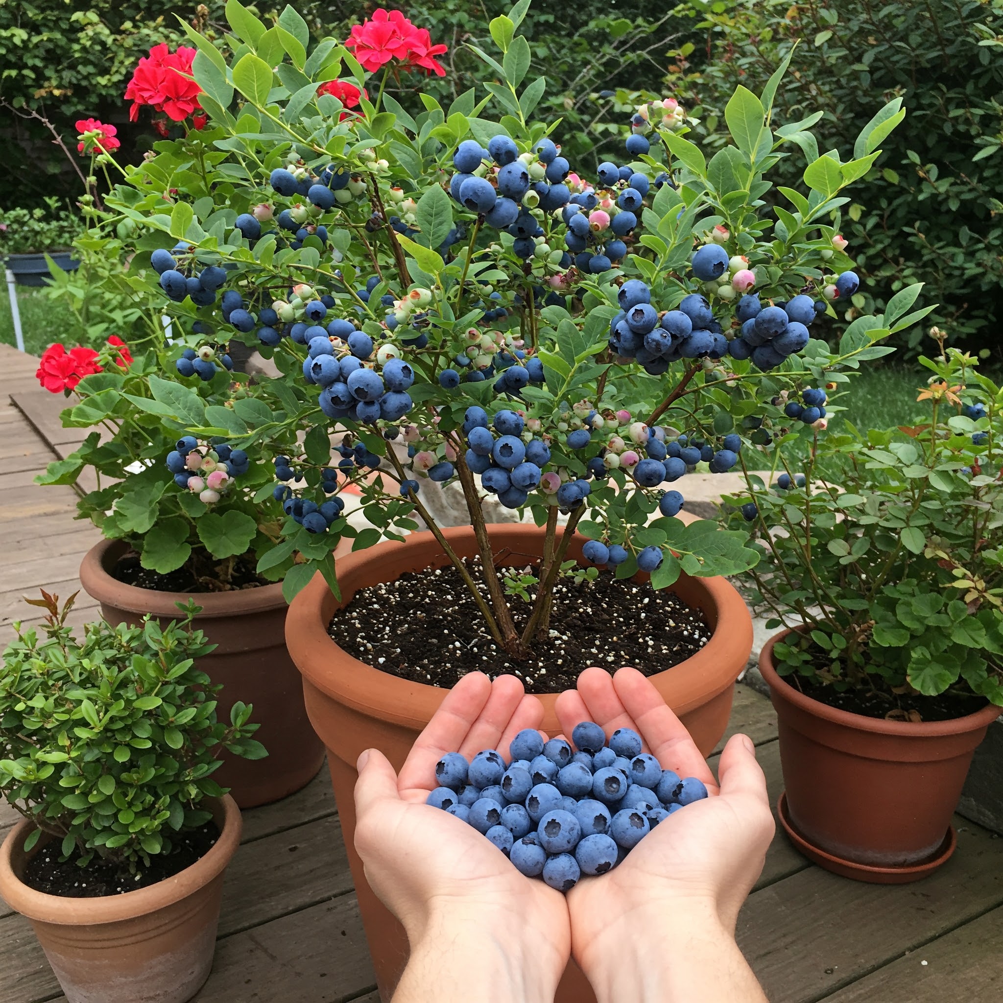 Myrtillier en pot fleuri sur une terrasse
