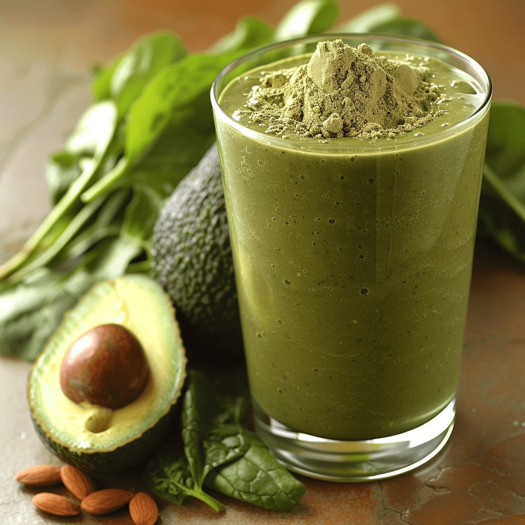 Un smoothie vert dans un verre, avec une cuillère de poudre marron à côté