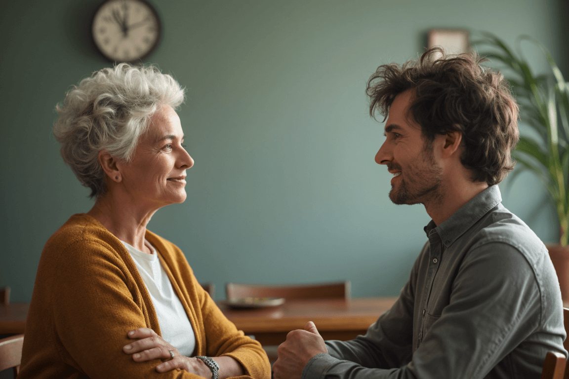 Couple discutant calmement autour d'un café