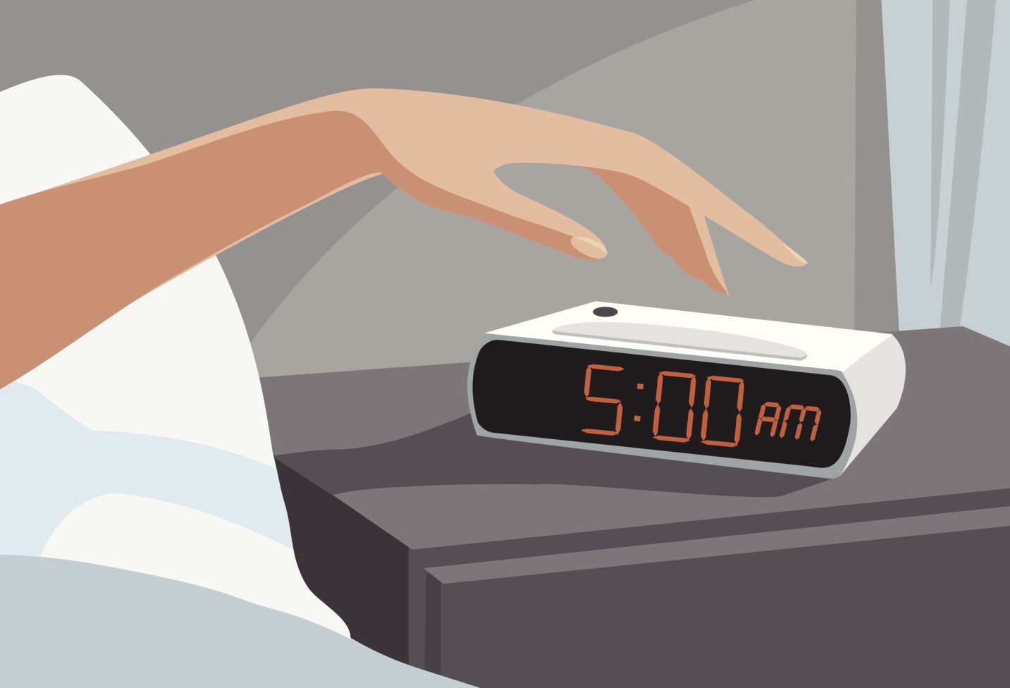 Lever de soleil et personne s'étirant, évoquant un réveil très matinal naturel
